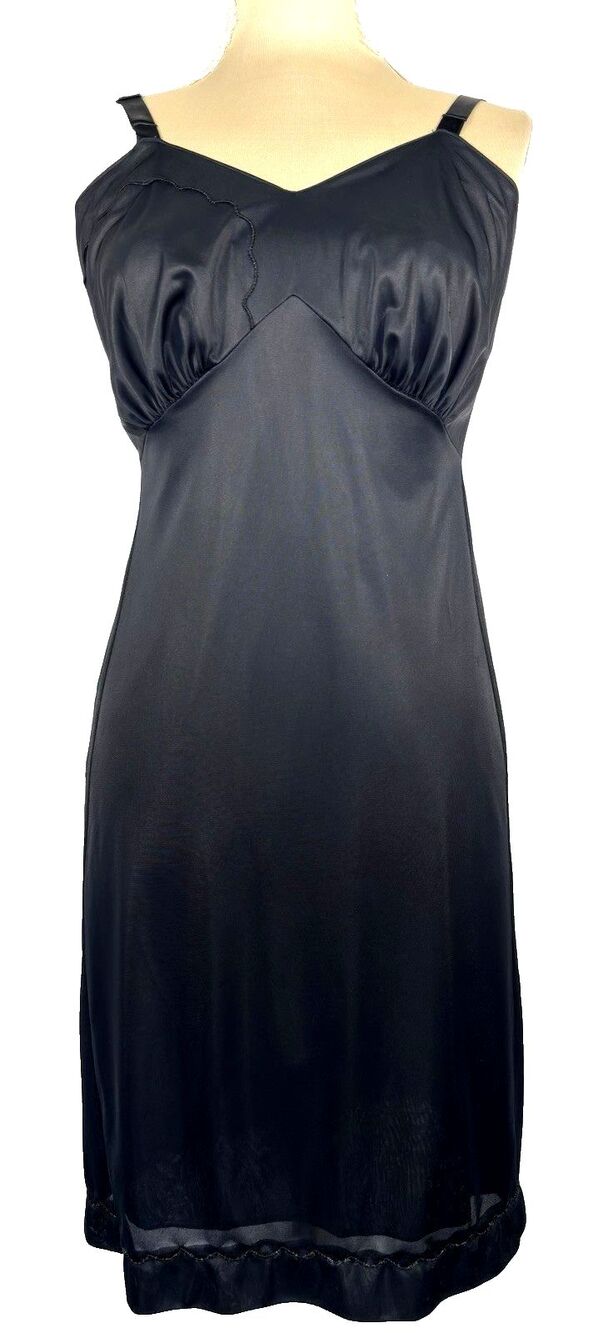 Vintage USA Black Nylon Full Slip Size 38 Whimsigoth Adjustable Strap Lingerie
